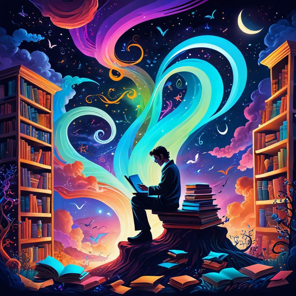 A whimsical scene depicting an author conjuring a vivid world, filled with swirling letters transforming into vibrant illustrations of characters and landscapes. Incorporate an ethereal background of a glowing computer screen symbolizing online success, surrounded by books and storytelling elements. The depiction should evoke creativity and inspiration. vibrant colors. surrealism.