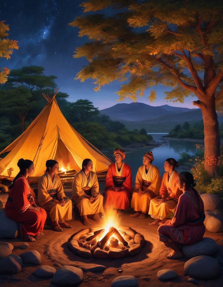 A vibrant scene depicting a diverse group of storytellers sharing tales around a glowing campfire, with elements of Gamai culture showcased through traditional clothing and artifacts. The background features an enchanting landscape with lush trees and twinkling stars, symbolizing inspiration and community. Include warm colors to evoke a sense of engagement and warmth. super-realistic. vibrant colors. evening setting.