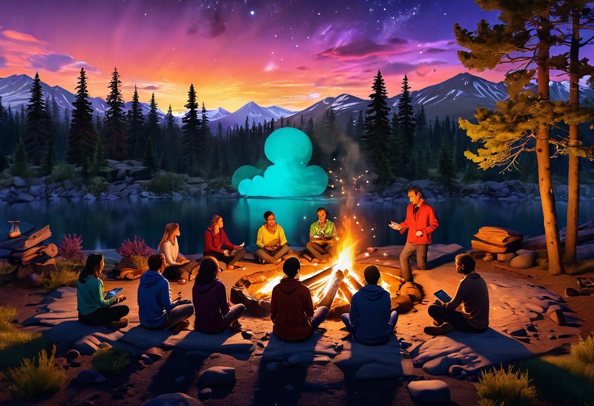 A vibrant, imaginative landscape featuring a diverse group of storytellers passionately sharing their tales around a glowing campfire, with digital elements like floating text bubbles and sound waves connecting them to an audience in the Gamai blogosphere. The scene should convey a sense of creativity, community, and mastery in storytelling. Ideal for evoking inspiration. vibrant colors. super-realistic. 3D.